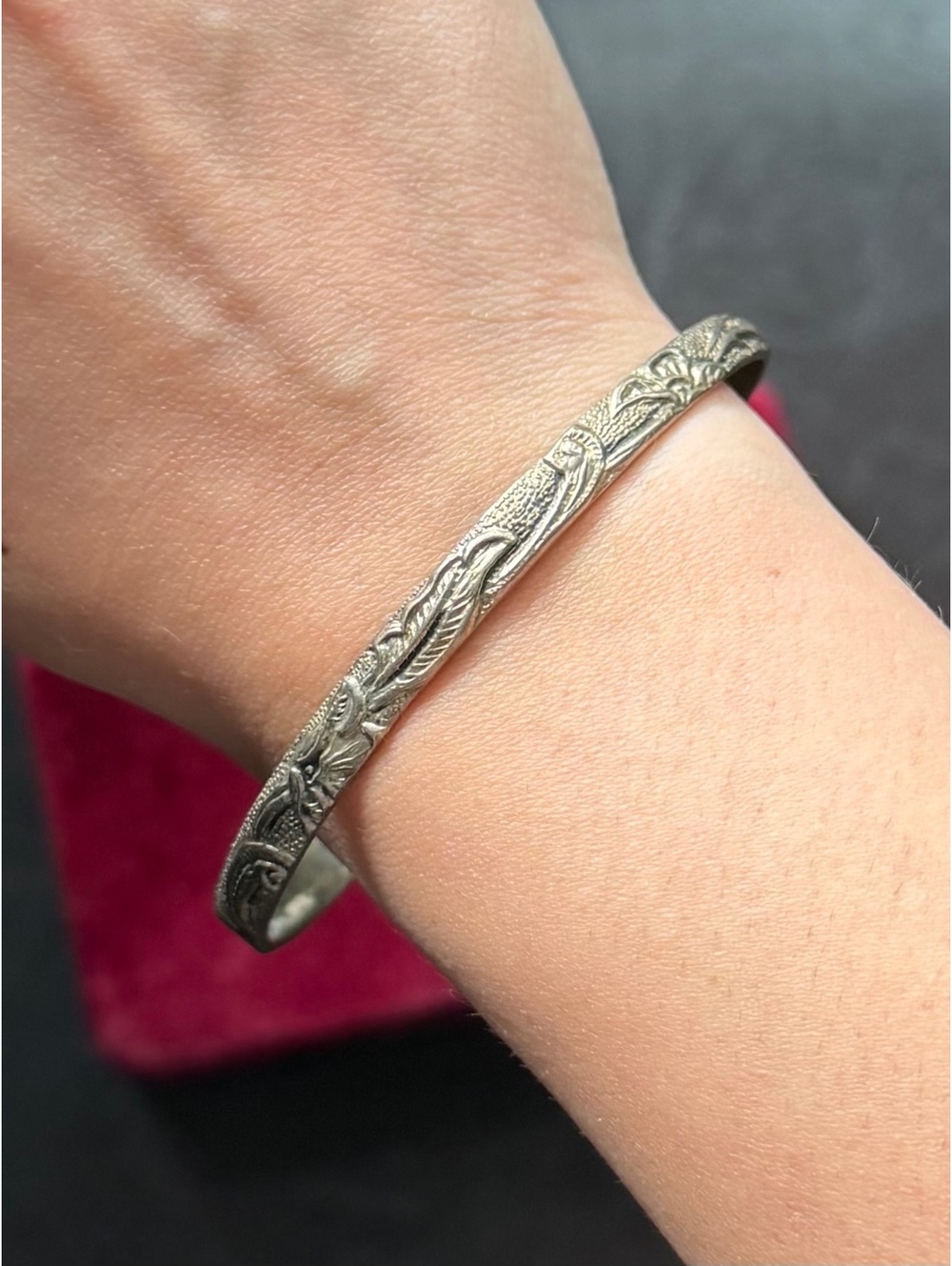 Vintage Early Taxco Sterling Silver Floral Scroll Motif Bangle Bracelet